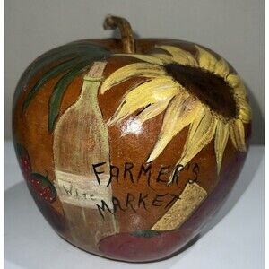 Hand Painted Gourd Folk Art Farmers Market Sunflower Wine Fruit Decoration VTG